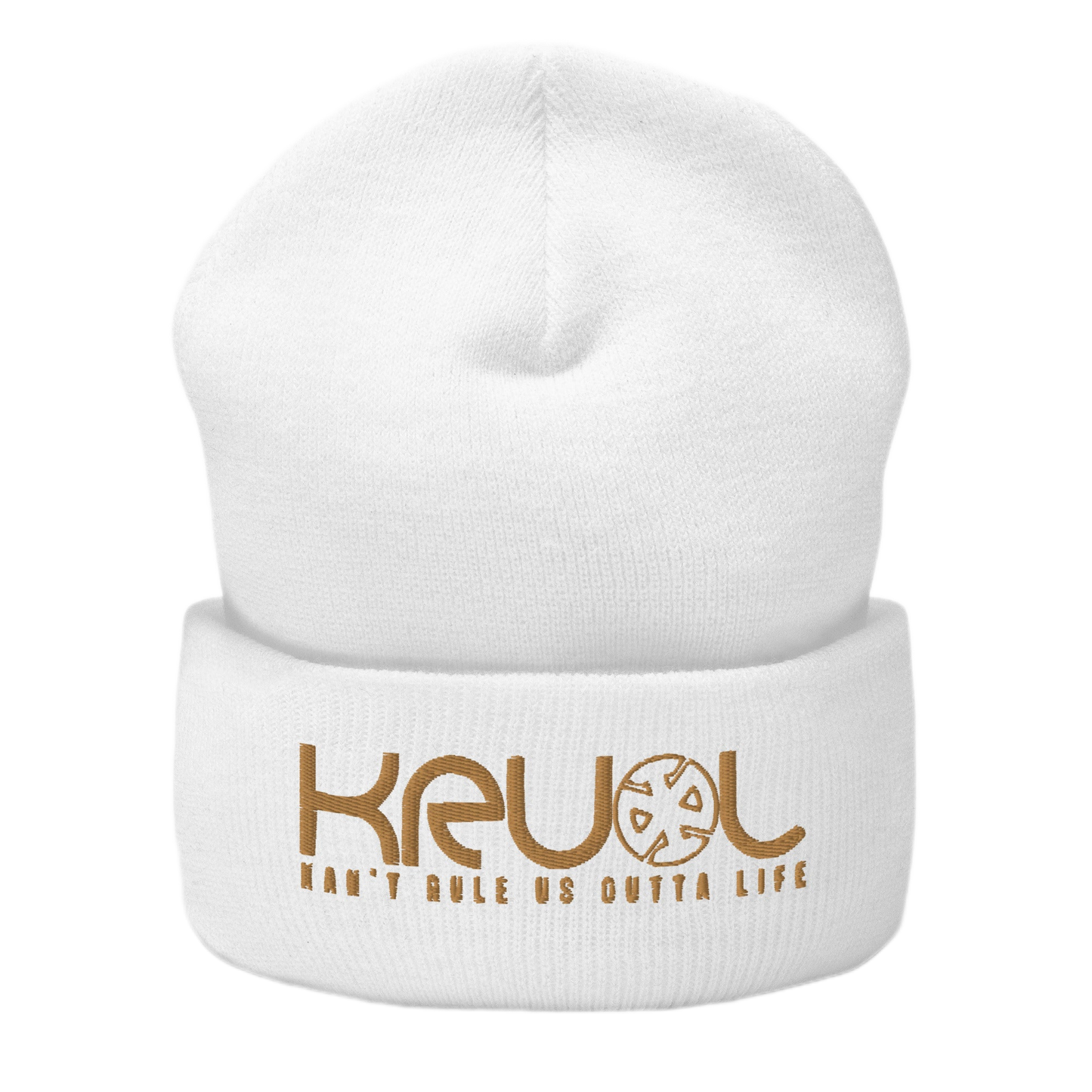 KRLMNTLTY 'Foundation' Cuffed Beanie in White/Gold