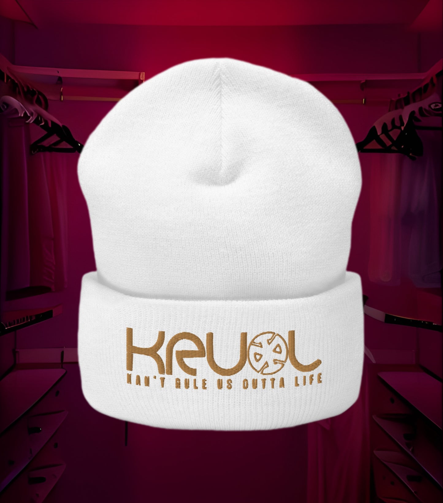 KRLMNTLTY 'Foundation' Cuffed Beanie in White/Gold